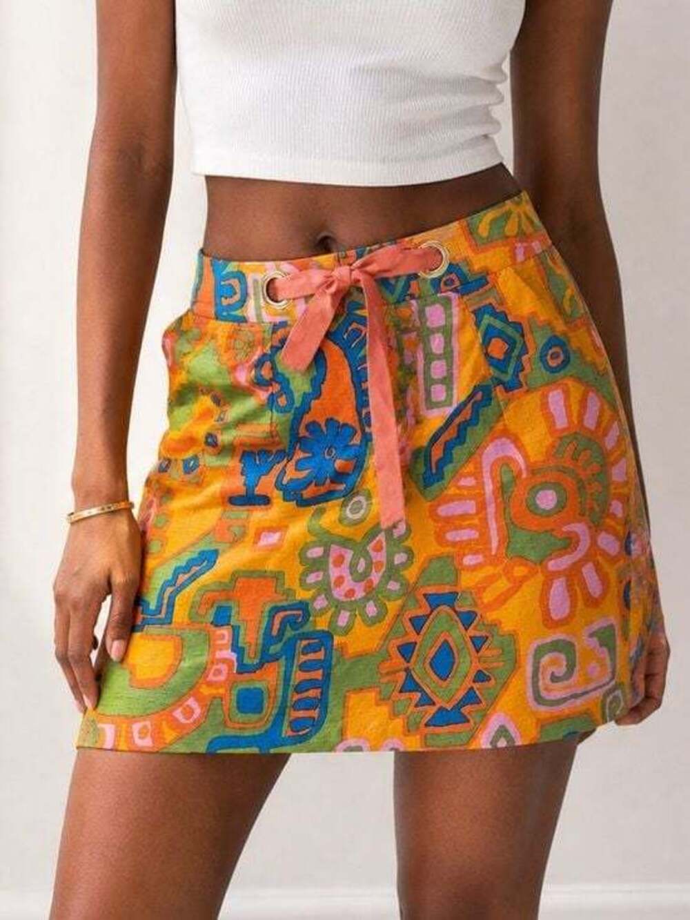 Beth Bowley Vibrant Abstract Print Skirt Size 8 Y2K Retro Tie Waist Mini Skirt
